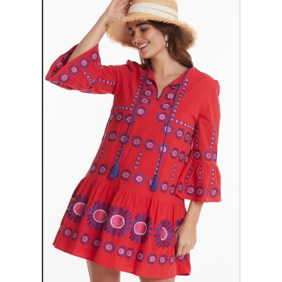 Tyler Boe‎ Flame Holly V Neckline Embroidered Topper with Tassel Ties size large - Picture 1 of 10